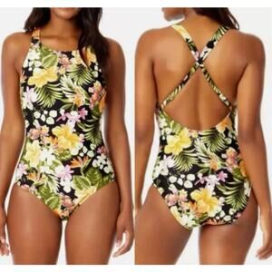 Hurley One-Piece Swimsuit Womens Large Tropical Floral Print‎ Cross Back